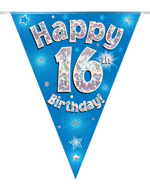 Party Bunting Happy 16th Birthday Blue Holographic 11 flags 3.9m