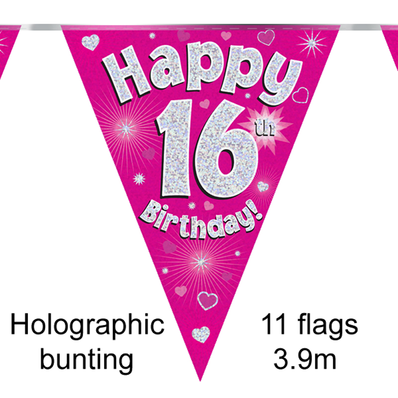 Party Bunting Happy 16th Birthday Pink Holographic 11 flags 3.9m