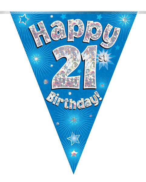 Party Bunting Happy 21st Birthday Blue Holographic 11 flags 3.9m