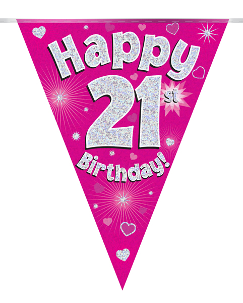 Party Bunting Happy 21st Birthday Pink Holographic 11 flags 3.9m