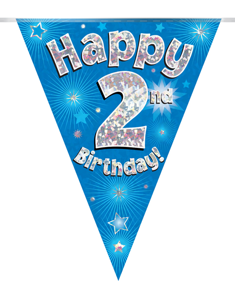 Party Bunting Happy 2nd Birthday Blue Holographic 11 flags 3.9m