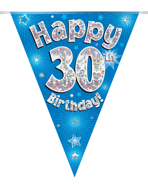 Party Bunting Happy 30th Birthday Blue Holographic 11 flags 3.9m