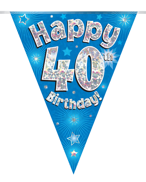 Party Bunting Happy 40th Birthday Blue Holographic 11 flags 3.9m