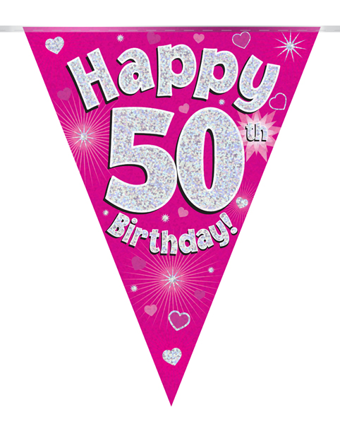 Party Bunting Happy 50th Birthday Pink Holographic 11 flags 3.9m