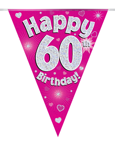 Party Bunting Happy 60th Birthday Pink Holographic 11 flags 3.9m