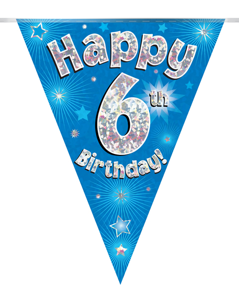 Party Bunting Happy 6th Birthday Blue Holographic 11 flags 3.9m