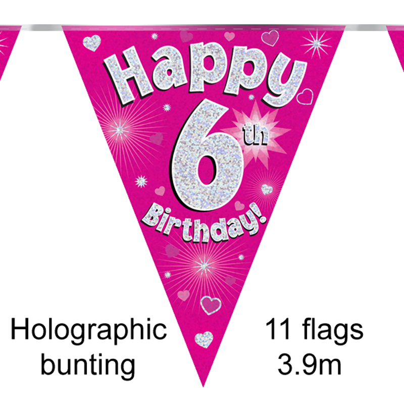 Party Bunting Happy 6th Birthday Pink Holographic 11 flags 3.9m