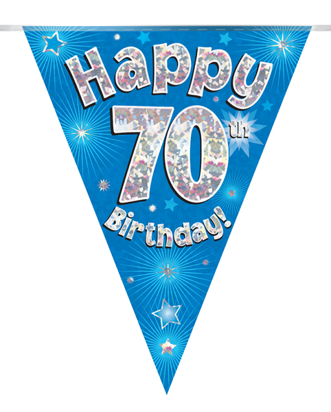 Party Bunting Happy 70th Birthday Blue Holographic 11 flags 3.9m