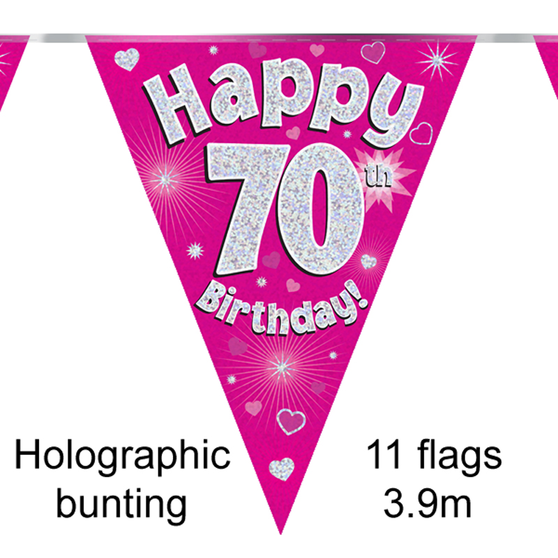 Party Bunting Happy 70th Birthday Pink Holographic 11 flags 3.9m