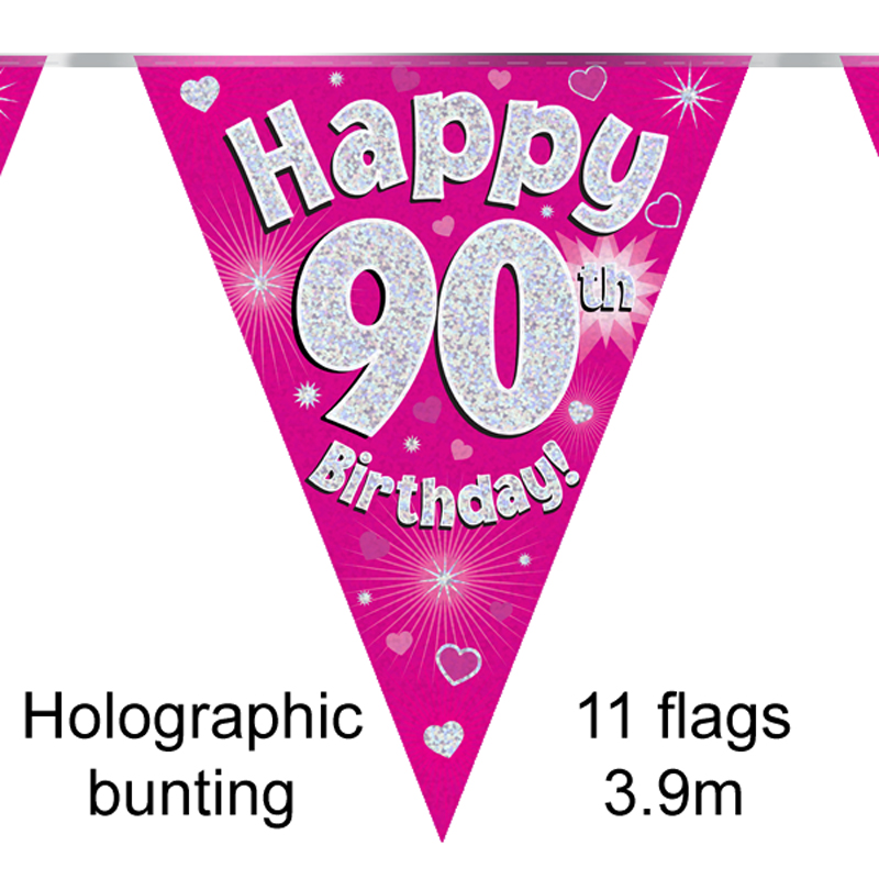 Party Bunting Happy 90th Birthday Pink Holographic 11 flags 3.9m