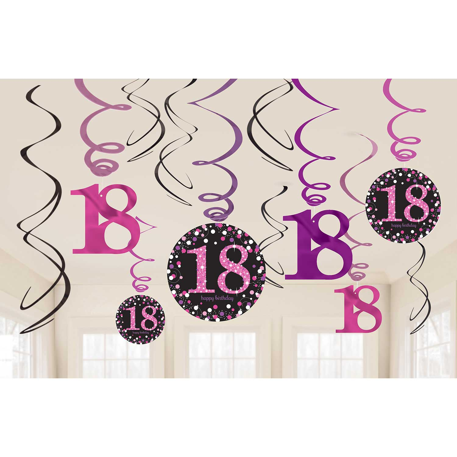 Pink Sparkling Celebration 18th Hanging Swirl Decorations - Pack of  12