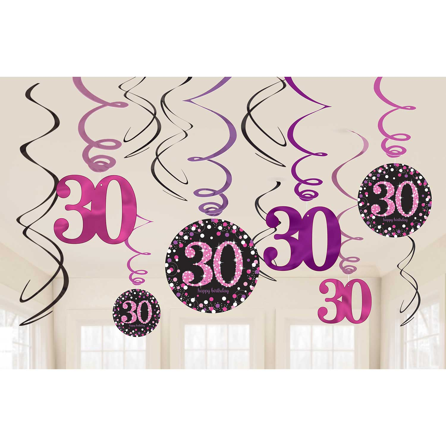 Pink Sparkling Celebration 30th Swirl Decorations - 12 PK